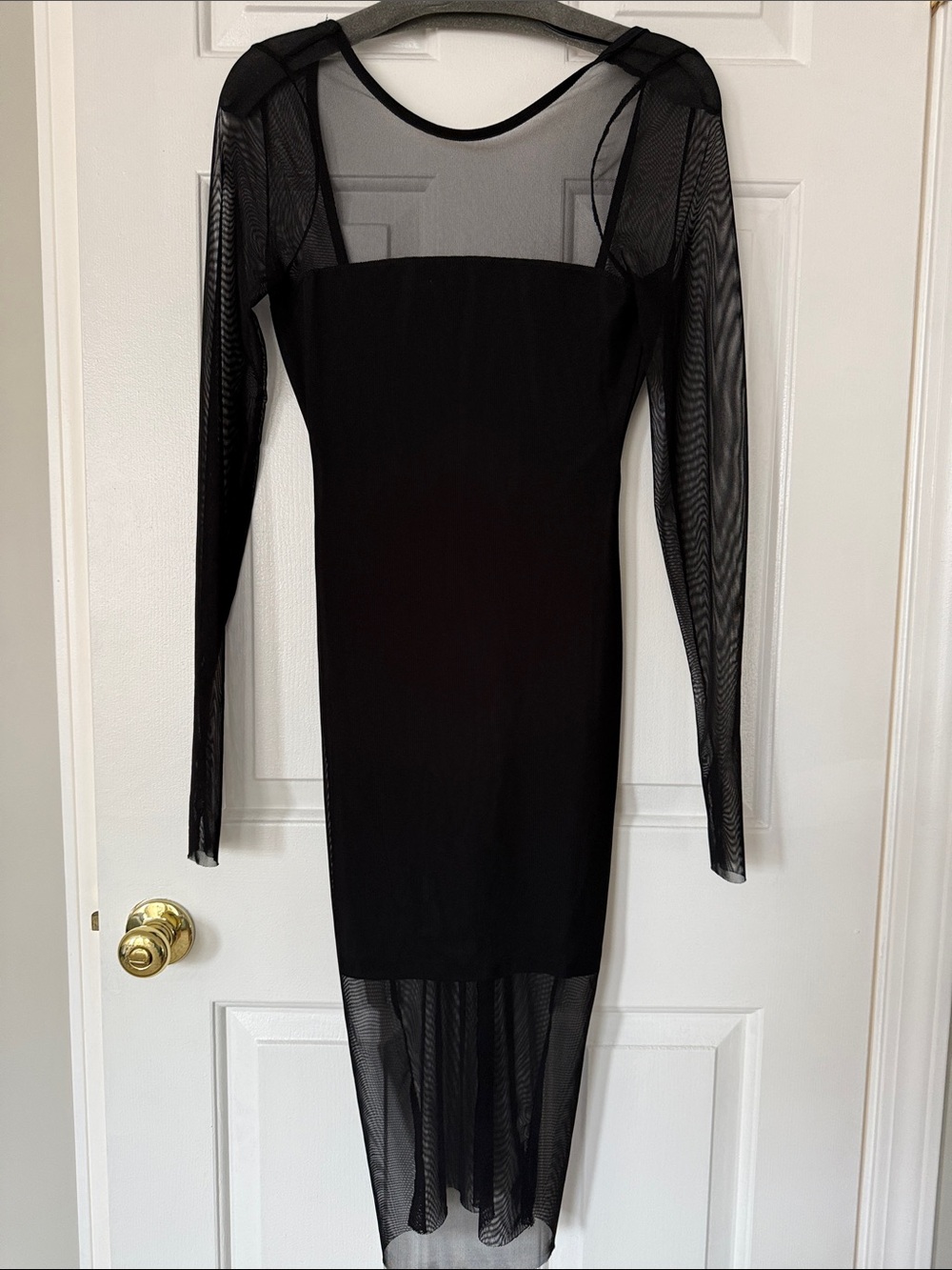 Black Long Sleeve Mesh Panel Bodycon Dress